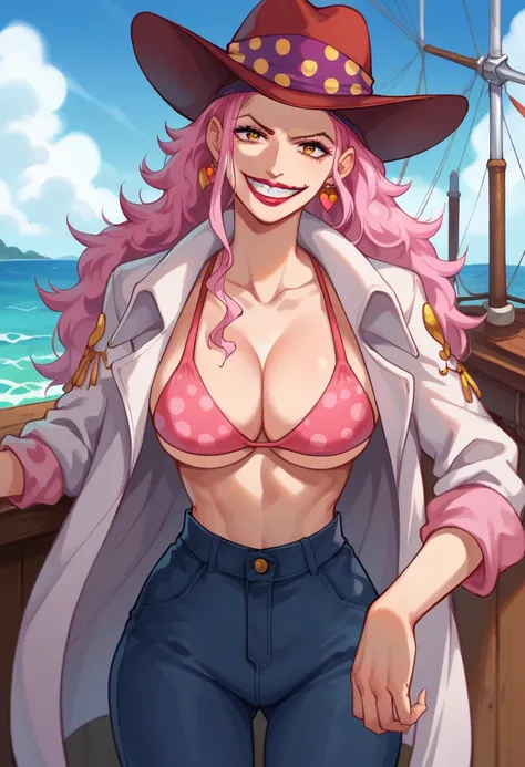 score_9, score_8_up, score_7_up,  source_anime, portrait, on ship, sea,  1girl, pink hair, long hair, grin, orange eyes, lipstick, makeup, looking at the viewer, cowboy hat, cleavage, big breasts, heart earrings, bikini, bikini top only, pants, 