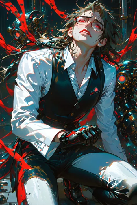 masterpiece, best_quality, distinct_image, laboratory, 1boy, scientist, chemist, Menhera, long_eyelashes, red_eyes, glowing_pupils, red_lips, compression_shirt, waistcoat, lowleg_pants, pumps, round_eyewear, latex_gloves, gradient_hair, medium_hair, swept_...