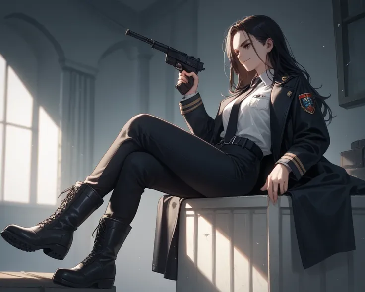 A woman. She 30 years old. Amilitary soldier. She have cold expression. She wearin white shirt,black pants,long boots,long,black coat and black tie. She holding a gun. She have straight,BLACK,long hair. She is tall. She steps on a thorny branch in an empty...