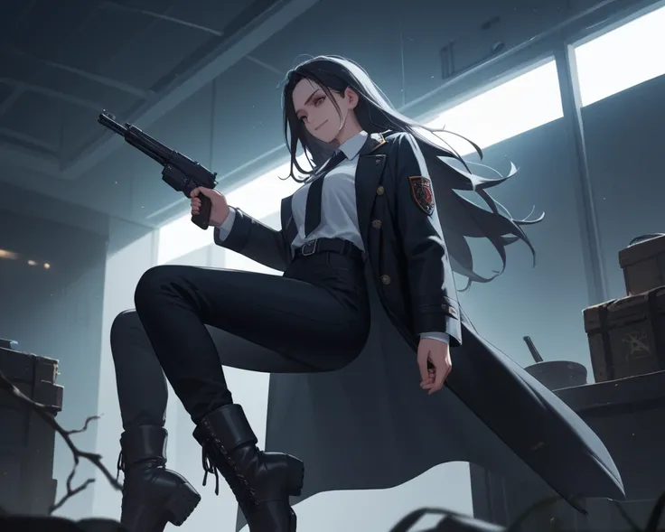 A woman. She 30 years old. Amilitary soldier. She have cold expression. She wearin white shirt,black pants,long boots,long,black coat and black tie. She holding a gun. She have straight,BLACK,long hair. She is tall. She steps on a thorny branch in an empty...