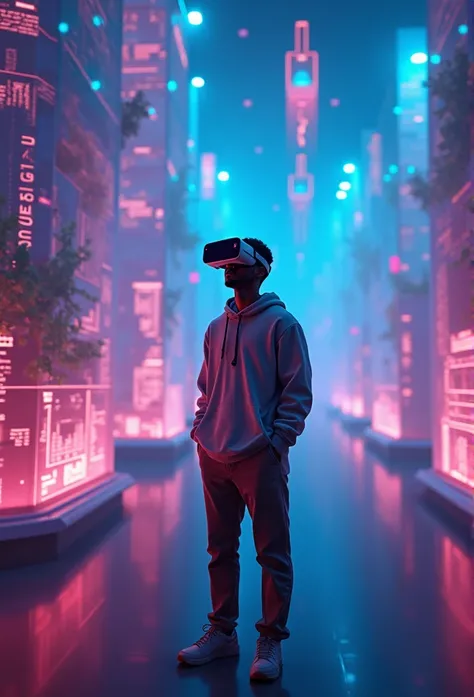 A futuristic indoor scene featuring a person wearing VR goggles, surrounded by a vibrant Graphics Museum. The environment is filled with abstract data visualizations, digital landscapes, and surreal elements, creating a sense of being in a data-driven worl...