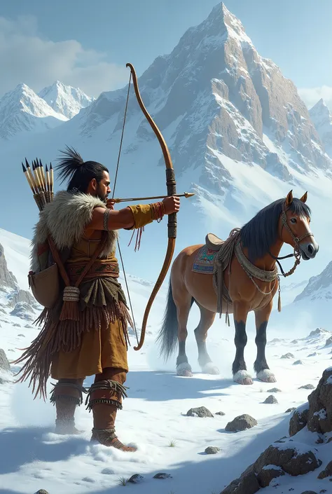 indigenous man, hunting with a bow and arrow, in a snowy landscape, snow-covered mountains, with a horse at his side
very realistic landscape