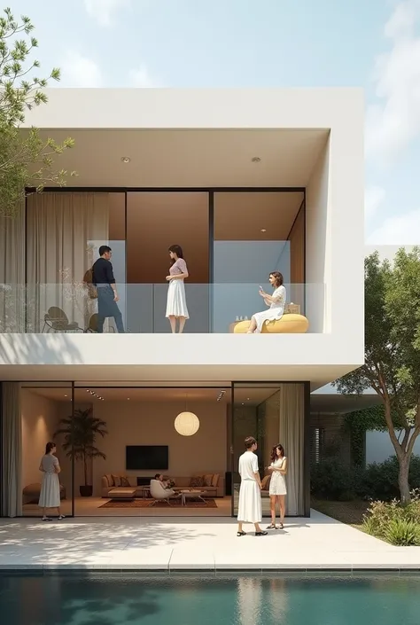 Modern house with people, 