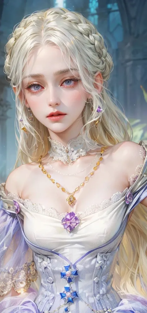 (masterpiece, top quality, best quality, official art, enchanting and aesthetic:1.2), 1female, white silver hair, royal braided hair, violet eyes, white and red dress, red and gold jewelry, high quality details, 4k eyes, white hair, silver white hair, long...