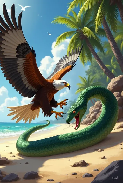 an eagle attacking to a green anaconda on a beach