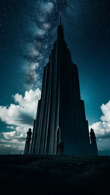 spacial landscape with ominous nebular clouds in the background. a group of young people stand at the bottom of a dark tower so immense that you see the top of it. suspenseful shot