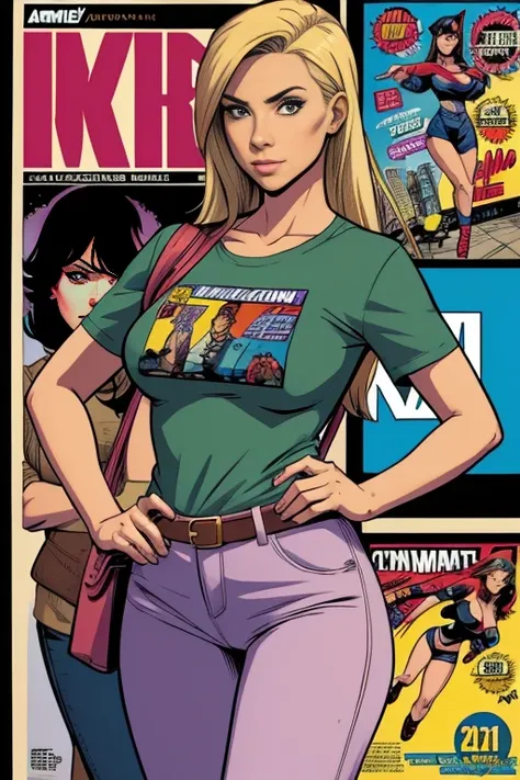 discrete image.  wearing discreet casual clothes . image adult woman  , American,  comic book style. with a neutral face.  Images with vibrant colors .