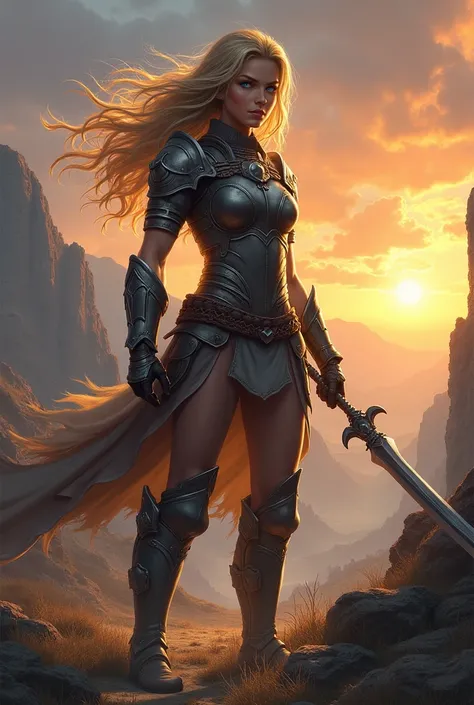 Young female warrior with blond hair and blue eyes