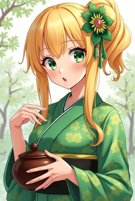 a beautiful tall waifu with blonde hair bright green eyes with big breasts holding a pot ,  wearing a beautiful green kimono with spring ornaments with a beautiful green crimper with jewels of the same color in her hair 