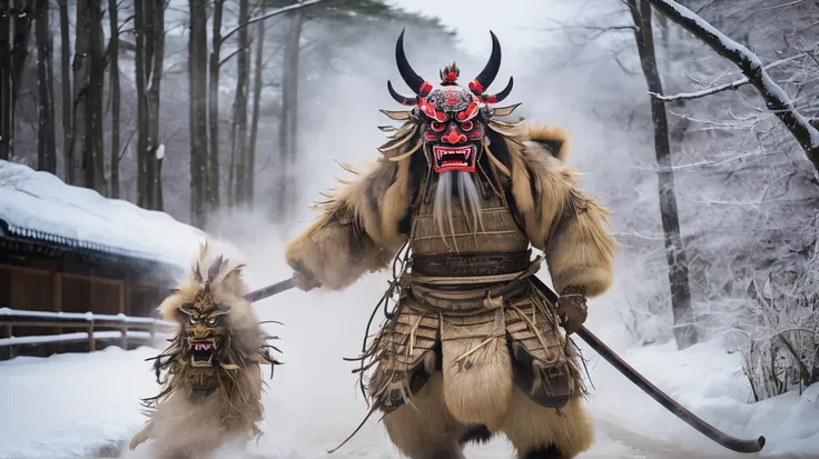  Capture the intense and imposing image of Namahage ,  a mythical figure that inhabits the icy regions of Akita , in Japan.  Your demonic and threatening face must be the center of the composition ,  with its penetrating eyes and open mouth ,  as if he wer...