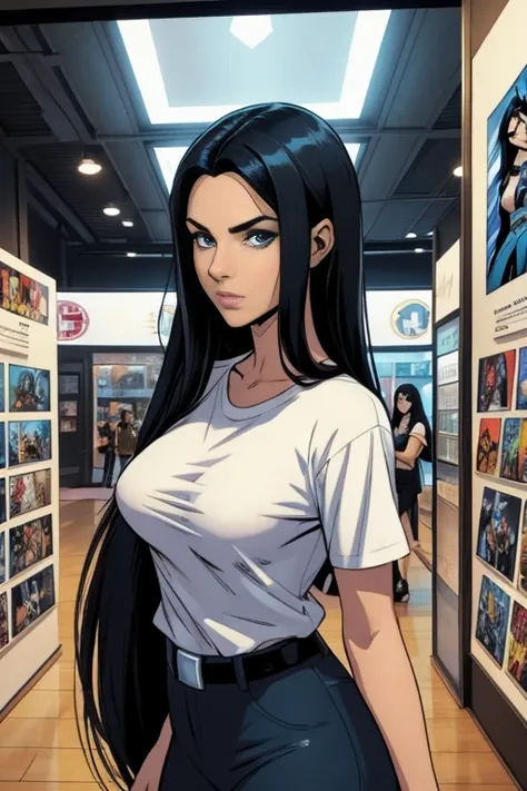   Create a comic book character that is a woman with long black hair, and blue eyes,   that shes wearing a white t-shirt  ,  part of her breasts on display . That shes on a Wednesday  .   Make the image in Marvel or DC comic style  