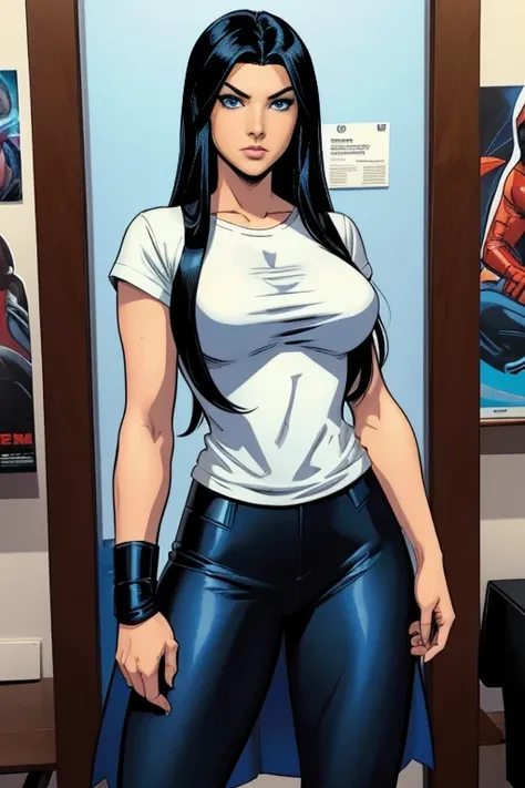   Create a comic book character that is a woman with long black hair, and blue eyes,   that shes wearing a white t-shirt  ,  part of her breasts on display . That shes on a Wednesday  .   Make the image in Marvel or DC comic style  