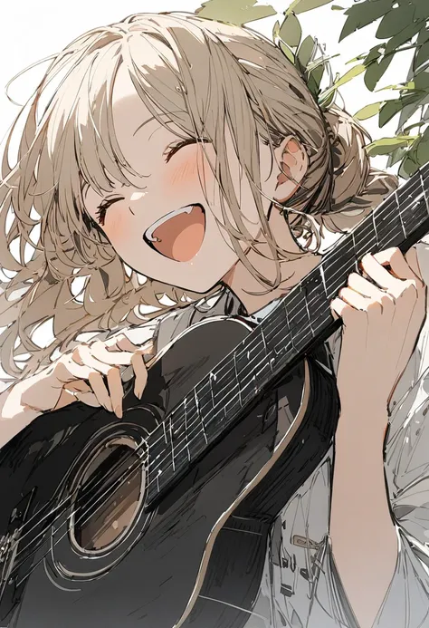 1 girl,playing acoustic guitar,happy,conceptual art, masterpiece, Super Detail, Attention to detail, high quality, 最high quality, High resolution