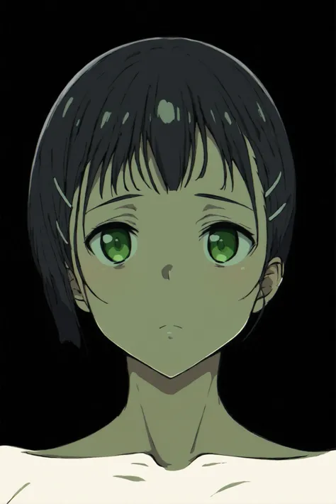 pt,Completely naked, Color Difference，green色のネオン，Dynamite Body， uneasy expression，girl standing in the dark，Leaning against a wall、Kawagami Mai、green　 Color Difference， side ponytail ， with a bleak expression， standing girl, Black Wall and Floor ,indirect ...