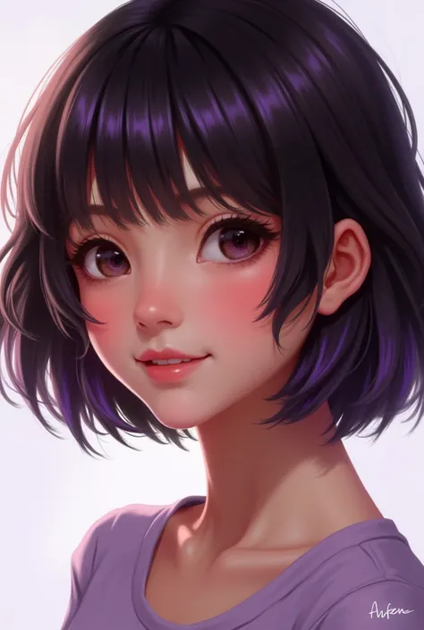 A digital art of a girl with light brown skin and dark brown eyes and dark brown hair with heavy purple highlights.Simple background, Short Hair, Smile, 