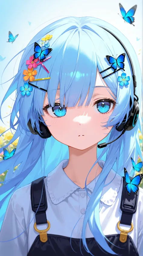  long hair, Straight bangs,  blue hair,  blue eyes, Solo, Light bolt touch , headphone mic, X hairpin, butterfly, flower, jewel