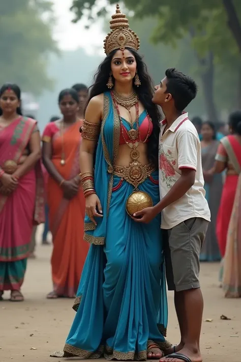 Hindu godess Durga fucked by a school boy in indian street public place, showing breast, boobs, in blue saree 