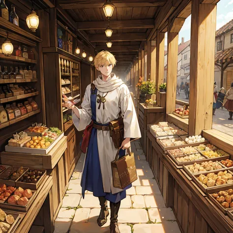 A blond merchant man is coming to buy cows in a medieval market