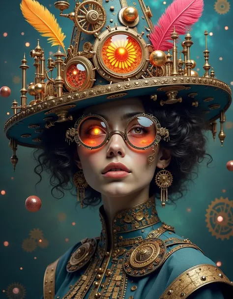 A surreal and avant-garde steampunk-inspired portrait of a stunning modern woman wearing oversized, futuristic glasses and an extravagant, imaginative hat. The hat is an intricate fusion of abstract steampunk elements: floating orbs, vibrant feathers, meta...