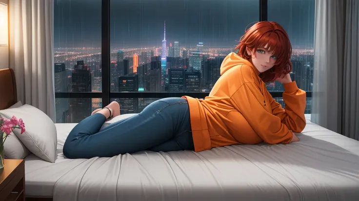 "Create a cinematic, cozy bedroom at nighttime with a modern urban setting. A large glass window reveals a futuristic cityscape with neon lights glowing against a rainy backdrop. The perspective is from a distance, showing the entire bedroom layout. A youn...