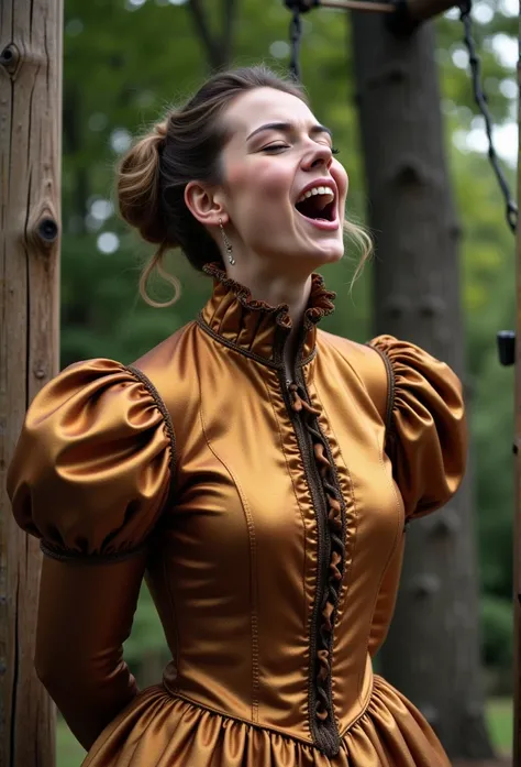 (realistic photograph close up sideways historical) (a big bust slender waist beautiful sexy surprised looking happy lady having an orgasm with (hair bun)), (she is wearing (an exaggerated elaborate shiny high neck dress with (oversized puff sleeves), (and...