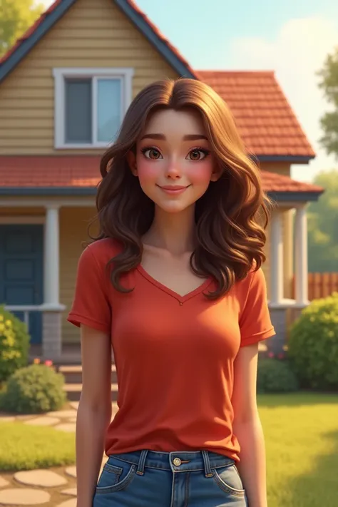 A girl brown hair fair skin heart shape face wearing blue jeans and red shirt standing in front of the house 