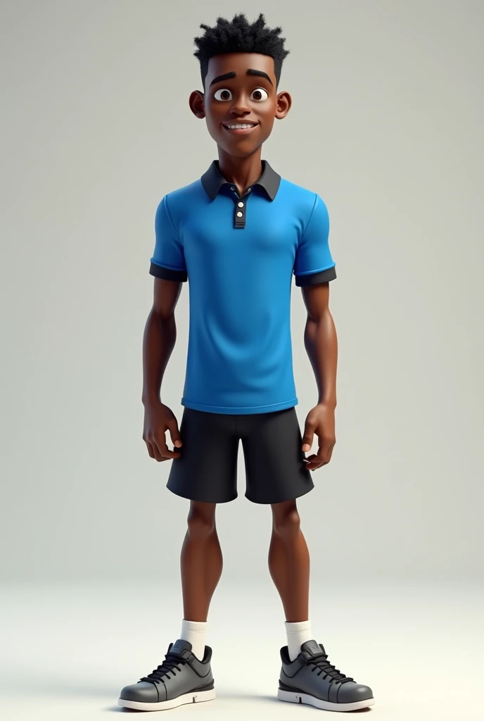 thin black man, frontal position with blue shirt and black shorts, with sneakers, pixar style.