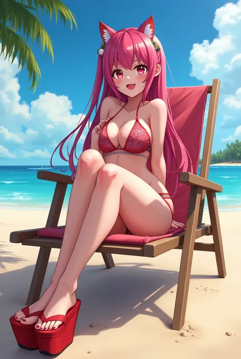 General art:
Anime Loli At The Beach Full Body 

 From anime:
 sexy colored feet-length hair ,  wearing flashy makeup ,  and flashy lipstick

footwear : Focus on the legs showing the sexy platform flip flops 

garment: Micro bikini dental floss 

Sena : in...