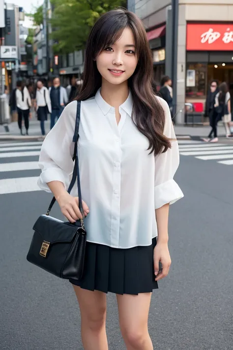 1japanese girl, blouse, skirt, flats, long hair, bang, black hair, hand bag, smile, standing, in street of harajuku, BREAK, (full body shot:1.2), BREAK, (masterpiece, best quality:1.4), (8k, raw photo, photorealistic:1.2), ultra high res, detailed skin, de...