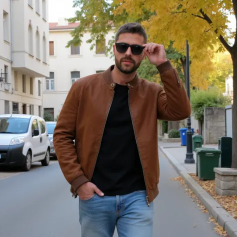 "A young man walks confidently across a city street, adjusting his black sunglasses with one hand while maintaining a relaxed, poised demeanor. He wears a stylish brown suede jacket layered over a black t-shirt, paired with light blue jeans that complete h...