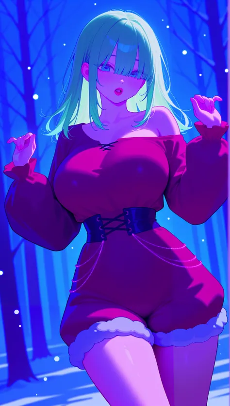 Big Breasts, 1girl, ((Long Bangs Hair, Light Colors Green hair)) ((Punk girl)) light blue eyes, has an extremely sexy body, with full breasts and thin waist, and an extremely sexy body, HIP HOP Off Shoulder Blouse, Fluffy Sleeved Blouse, Fluffy Fuzzy Short...