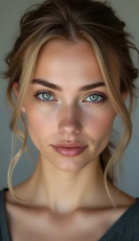 An 18-year-old Russian girl with loose golden hair, sharp features, radiant skin and sparkling blue eyes. He looks directly at the camera. Portrait.
