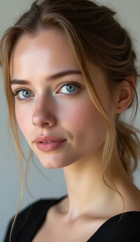 An 18-year-old Russian girl with loose golden hair, sharp features, radiant skin and sparkling blue eyes. He looks directly at the camera. Portrait.