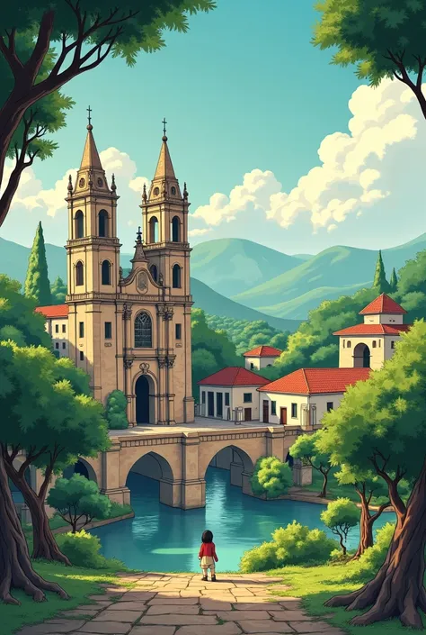 Generate an image of Morelia lo-fi style studio Ghibli from Morelia in the 90s, Dont put people in the background,  but lets see the cathedral , The aqueduct ,  the historic center ,  the Cuatemoc forest things like that characteristic of Morelia