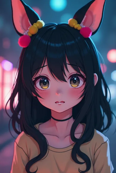 black hair, hair bobbles, wince, longeyelashes, solid circle eyes, fake animal ears, light smile, ear blush, fang, ccurate, Surrealism, drop shadow, anaglyph, stereogram, tachi-e, pov, atmospheric perspective, 8k, super detail, best quality