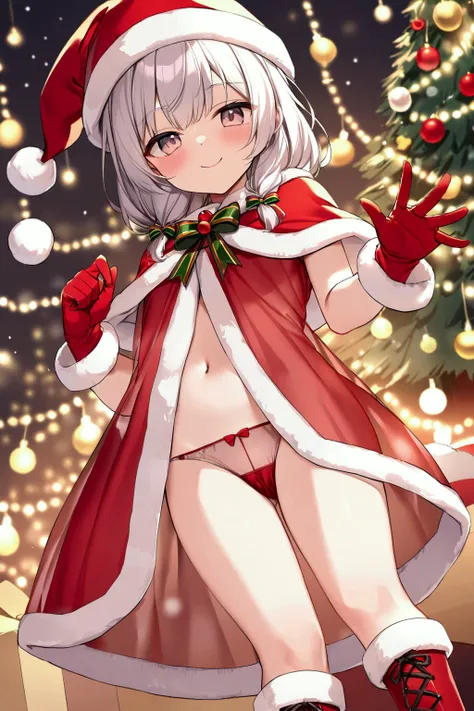  girl、smile、Children、 Santa Claus、Santa hat、Red gloves、Santa Dress、see through panties, boots、 christmas tree