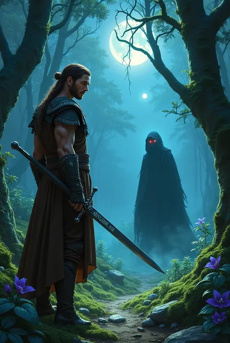 black background.a moonlit mystical forest,iridescent blue-barked trees,inclined ground,a male warrior with green eyes stands ready, facing front, his long brown hair tied back,brown leather tunic.He draws a silver sword with both hand etched with glowing ...