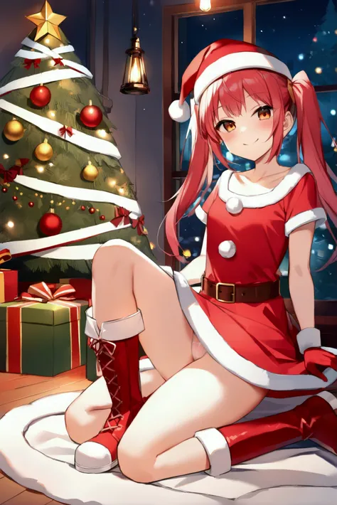  girl、smile、twintail,Children、 Santa Claus、Santa hat、Red gloves、Santa Dress、see through panties, boots、 christmas tree