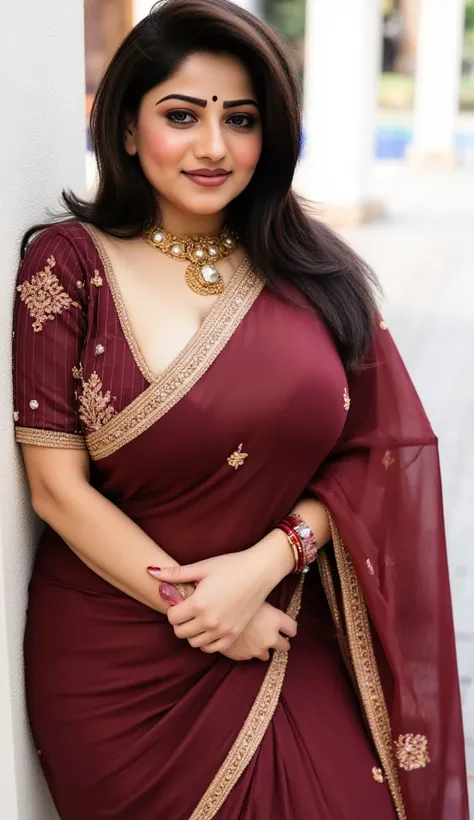 Indian beautiful woman sexy bhabhi with oily sweaty shiny detailed sparking wet skin, Red bindi on forehead,Heavy bridal makeup,Sleeveless very low cut  blouse,very deep cleavage,curvy plus size model wearing transparent light copper colour saree ,dark cop...