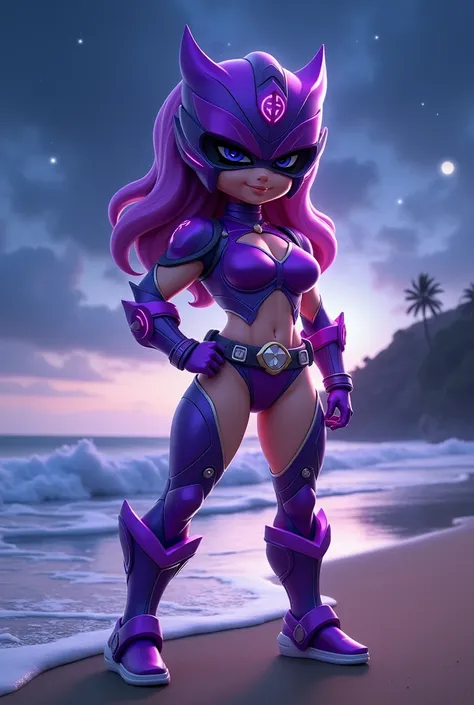 Create an image of a purple haired power ranger clothes, chibi muscle girl, night beach, sky, thicc, muscle legs, huge breasts, iluminated, ray tracing, masterpiece