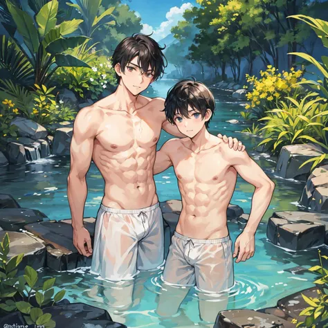 The man who is the owner of a fishmonger with short black hair is shirtless and bathing with his brother in a clear stream