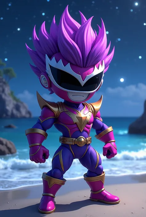 Create an image of a purple haired power ranger clothes, chibi muscle girl, night beach, sky, thicc, muscle legs,