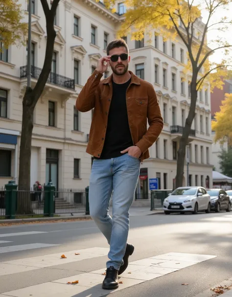 "A young man walks confidently across a city street, adjusting his black sunglasses with one hand while maintaining a relaxed, poised demeanor. He wears a stylish brown suede jacket layered over a black t-shirt, paired with light blue jeans that complete h...