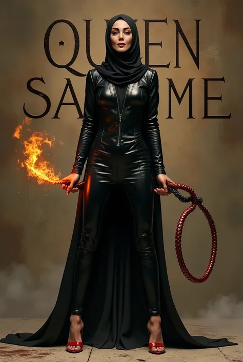  There is a dominant female in a hijab in a hijab.  The woman has a black leather outfit on top .  The woman has open heels with a red front. The woman has a whip from the fire in her hand . Behind the woman "Queen Salome" It says.