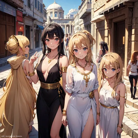 a group of beautiful Greek girls , girls in togas ,tanned skin, cover , ancient Greece,foto pose , classical Greece ,BLACK dress , noble woman, golden hair ,teen girl , young girls, really young girls, hair tied up, hair tied in ponytail , bracelets, neckl...