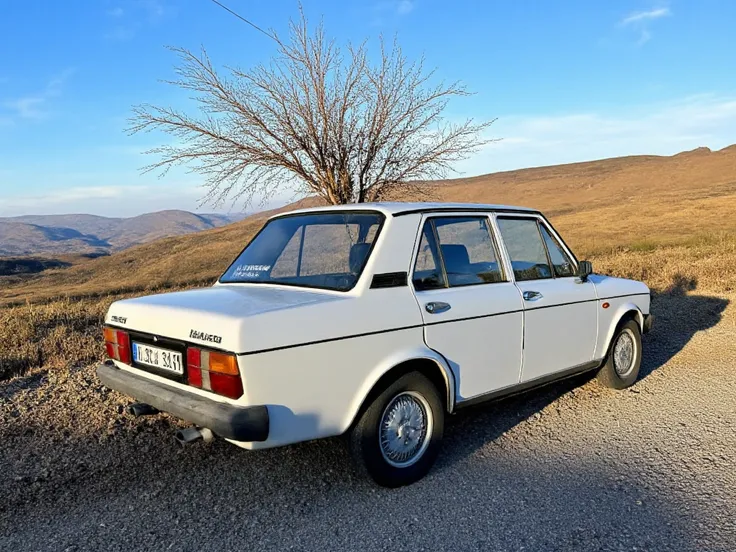  Real photograph of a white SEAT 131 parked on a rural road.  The landscape is the typical Castilian plateau ,  there is a small tree with almost no leaves . Its winter , There are some puddles .  Reflex camera photograph , great contrast, high detail, 4k,...