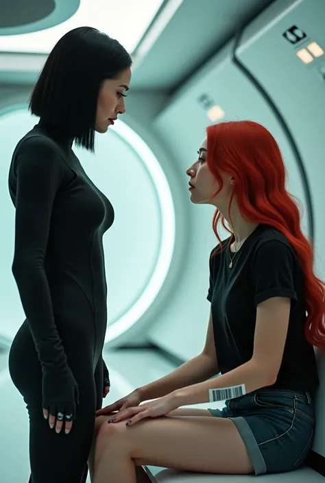 A woman with a black bob hair cut woman in a black futuristic jumpsuit stares at another beautiful young red haired woman  haired woman wearing a t shirt ans shorts, with a barcode label on her arm who is sitting on a lab table and stares upset and emotion...