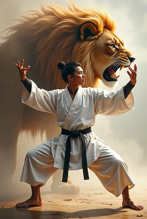 taekwondo master doing a twin forearm block, one arm above his head and the other a semi extended at chest height, the hands are opening a lions mouth 