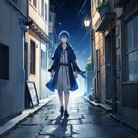 The blue-haired wizard man majoring in meteorology is walking alone through a pitch-dark medieval street