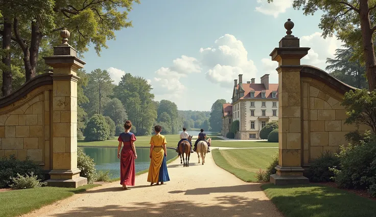 Color photo of an aristocratic equestrian estate in Europe, 1850, featuring a grand entrance with stone pillars,A lake in the background,In the foreground two women are walking in colorful dresses. Riders leave the property,On the right side a manor house ...